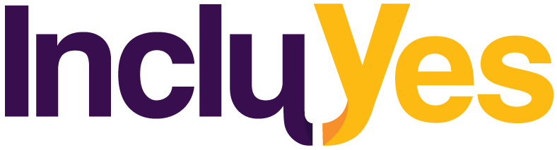 Logotipo de IncluYes. Sobre fondo blanco, las letras de “Inclu”
      en color morado y las letras de “Yes” en color amarillo.